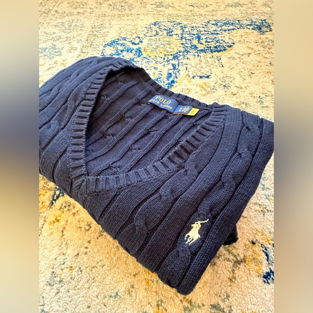 Polo Cable Knit Cotton V Neck Sweater